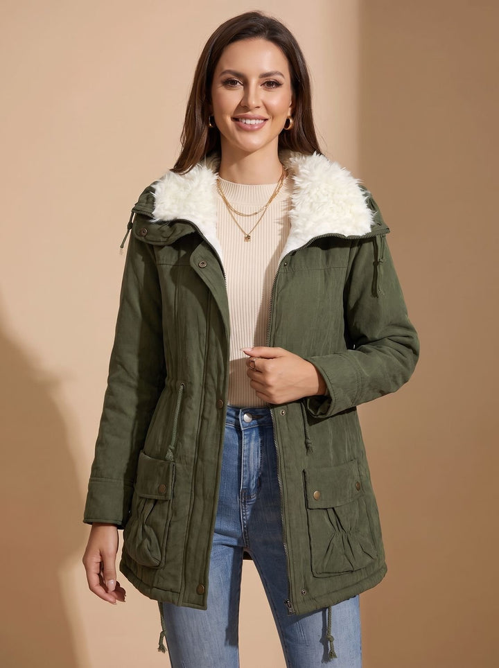 Perpetua – Drawstring-Waist Fur-Look Collar Hooded Parka for Women