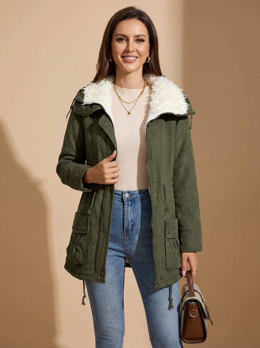 Perpetua – Drawstring-Waist Fur-Look Collar Hooded Parka for Women