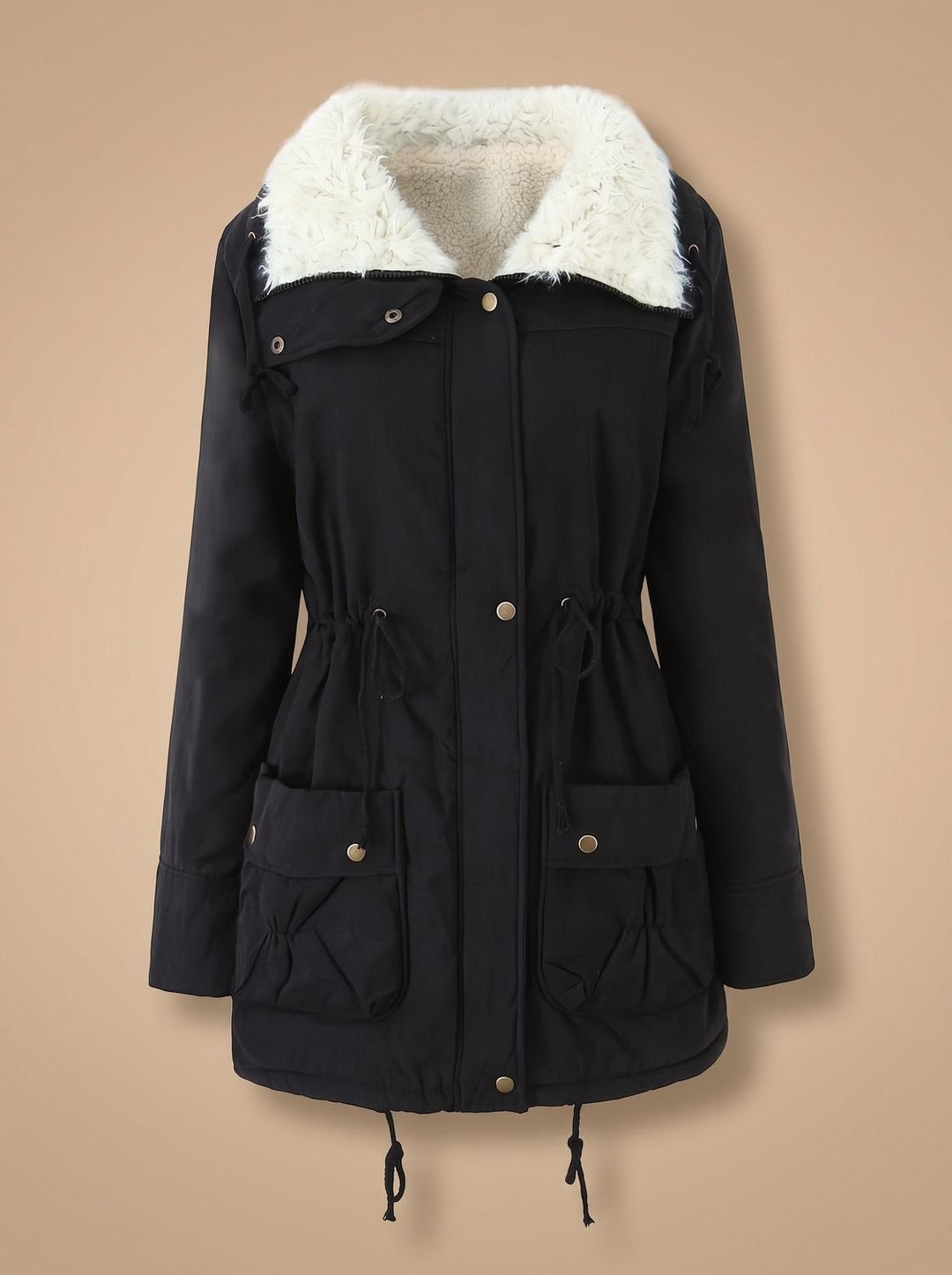 Perpetua – Drawstring-Waist Fur-Look Collar Hooded Parka for Women