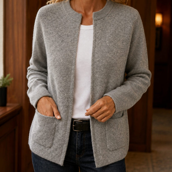 Kerensa – Ribbed Open-Front Cardigan with Patch Pockets for Women