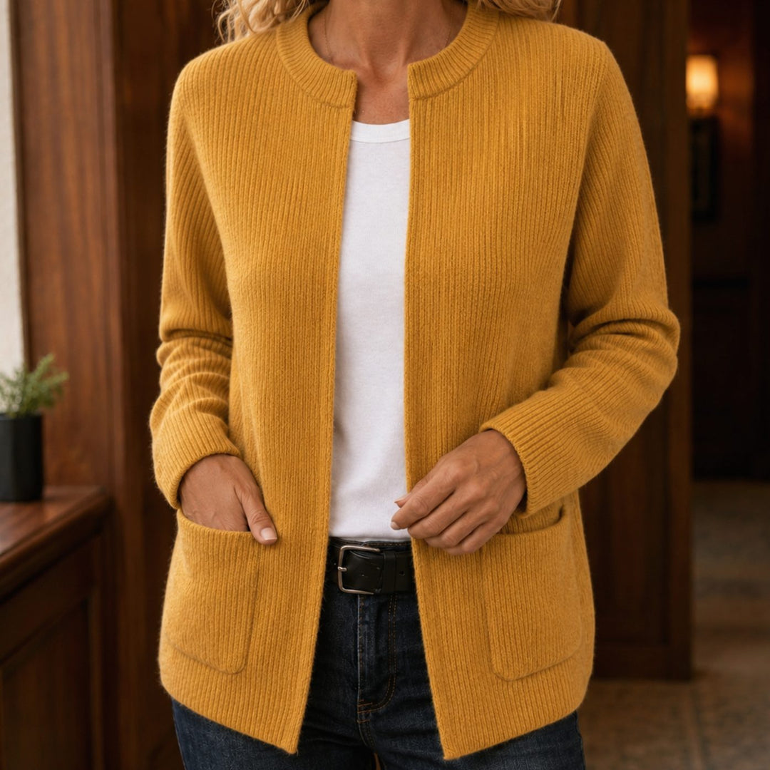 Kerensa – Ribbed Open-Front Cardigan with Patch Pockets for Women
