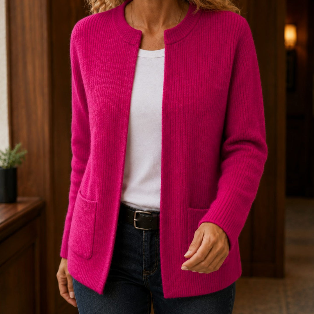 Kerensa – Ribbed Open-Front Cardigan with Patch Pockets for Women