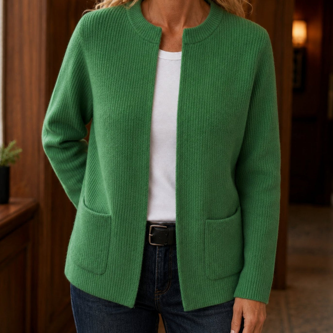 Kerensa – Ribbed Open-Front Cardigan with Patch Pockets for Women