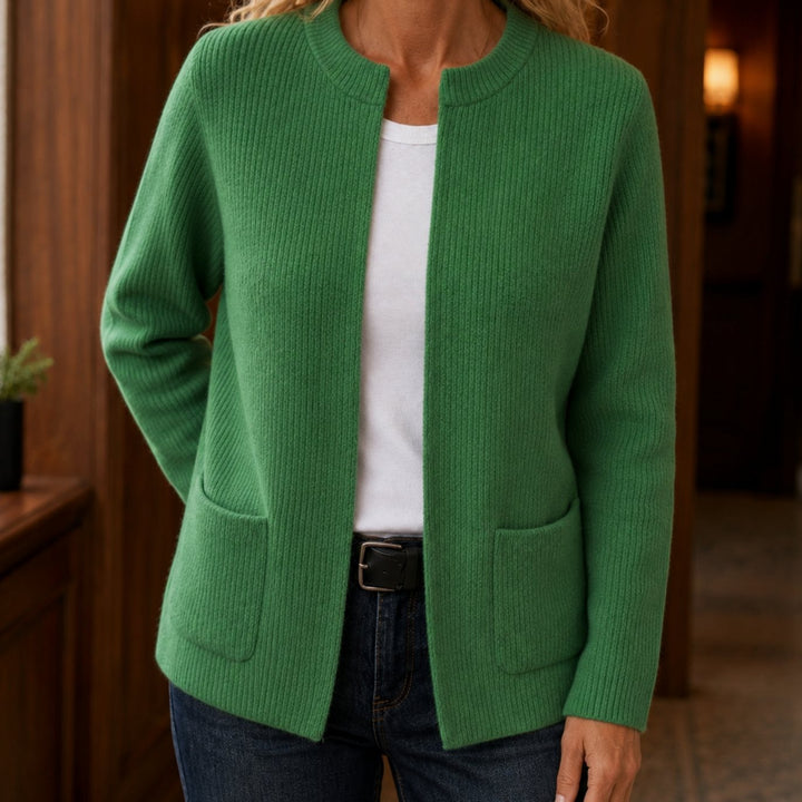 Kerensa – Ribbed Open-Front Cardigan with Patch Pockets for Women
