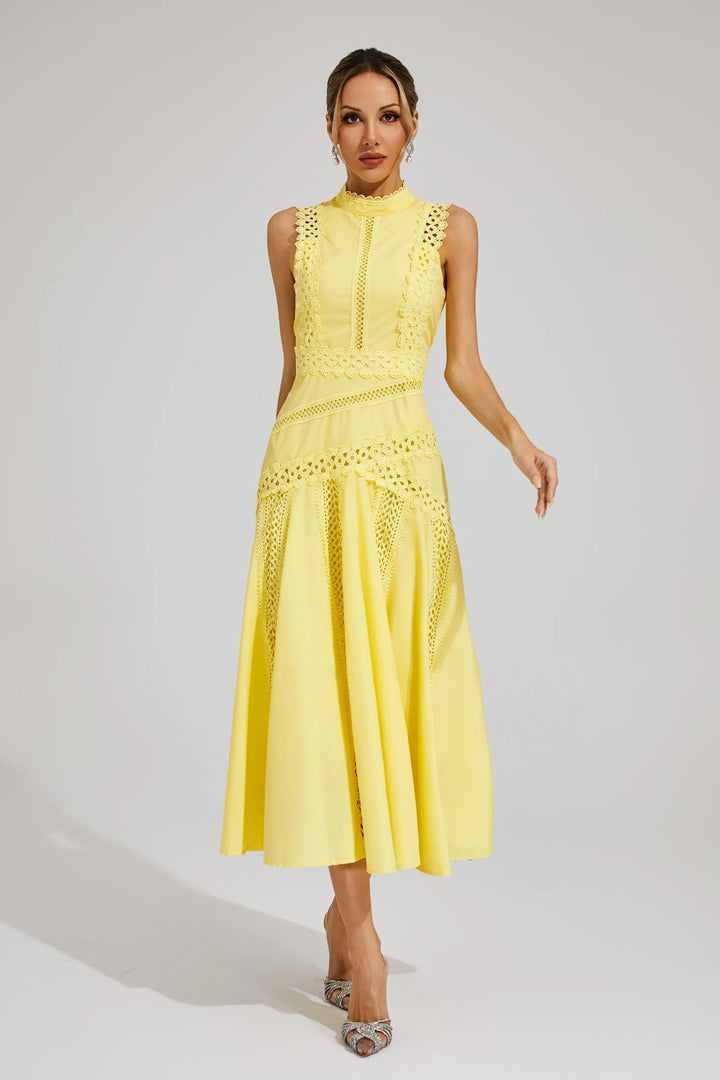 Mariah – High Neck Cutwork Midi Wedding Guest Dress