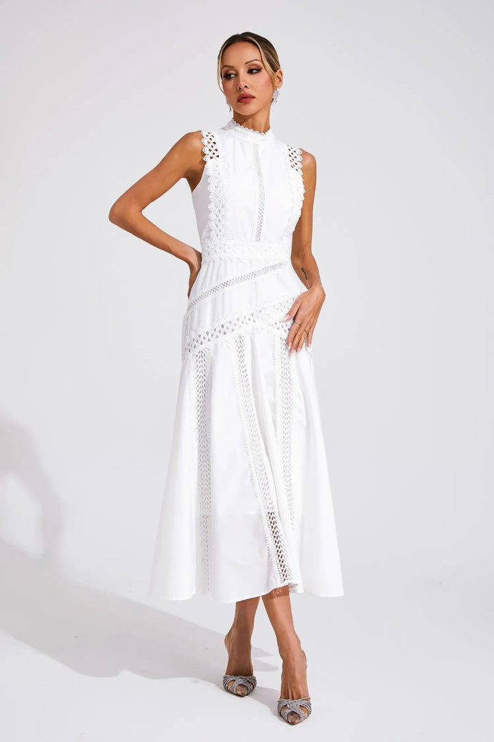 Mariah – High Neck Cutwork Midi Wedding Guest Dress