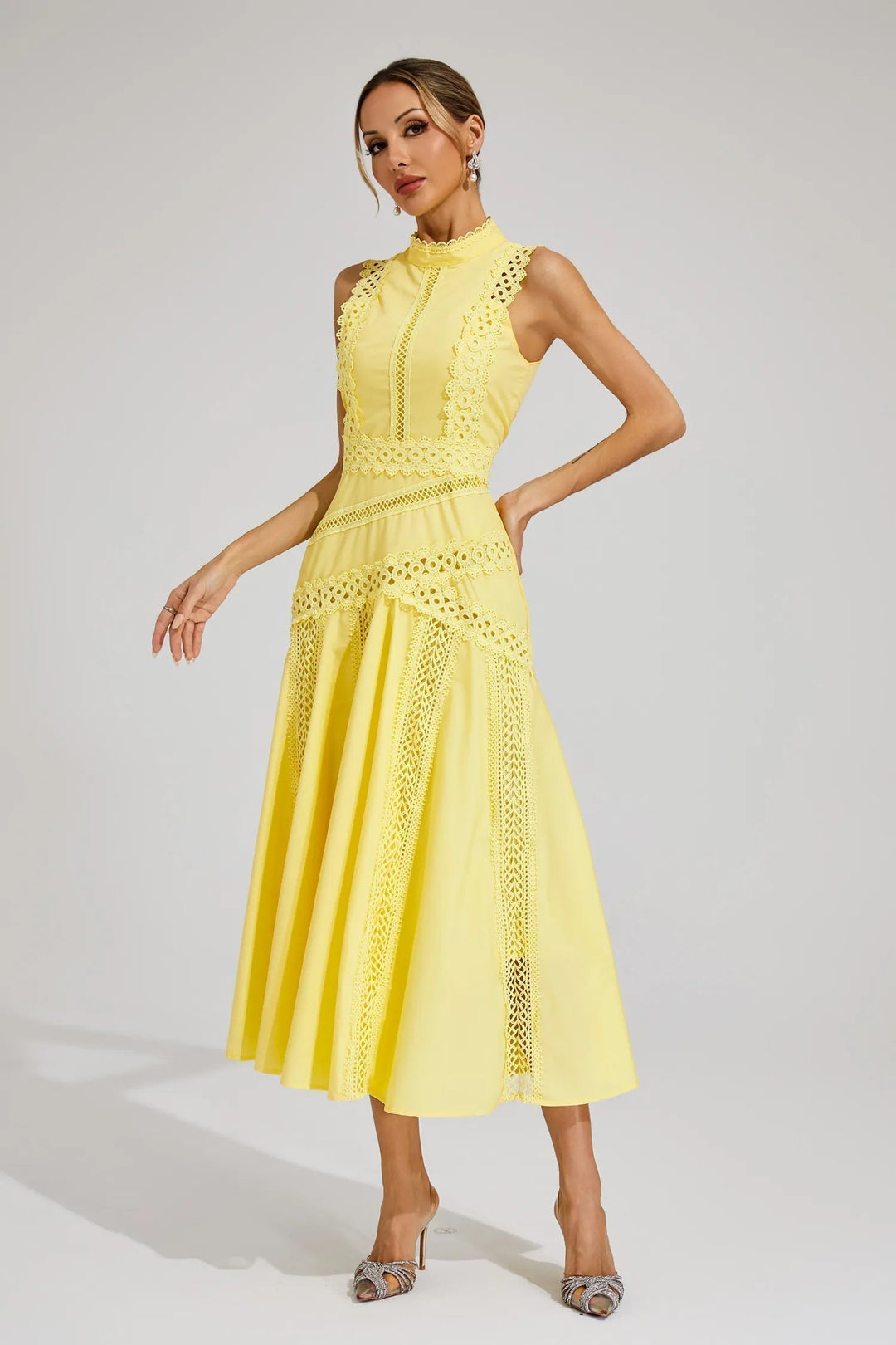 Mariah – High Neck Cutwork Midi Wedding Guest Dress