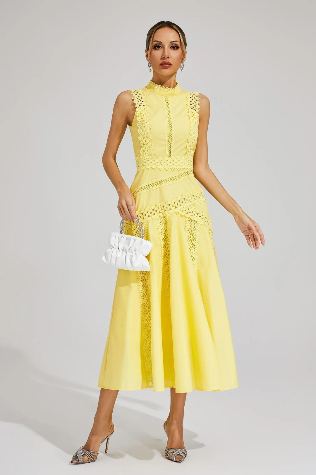 Mariah – High Neck Cutwork Midi Wedding Guest Dress