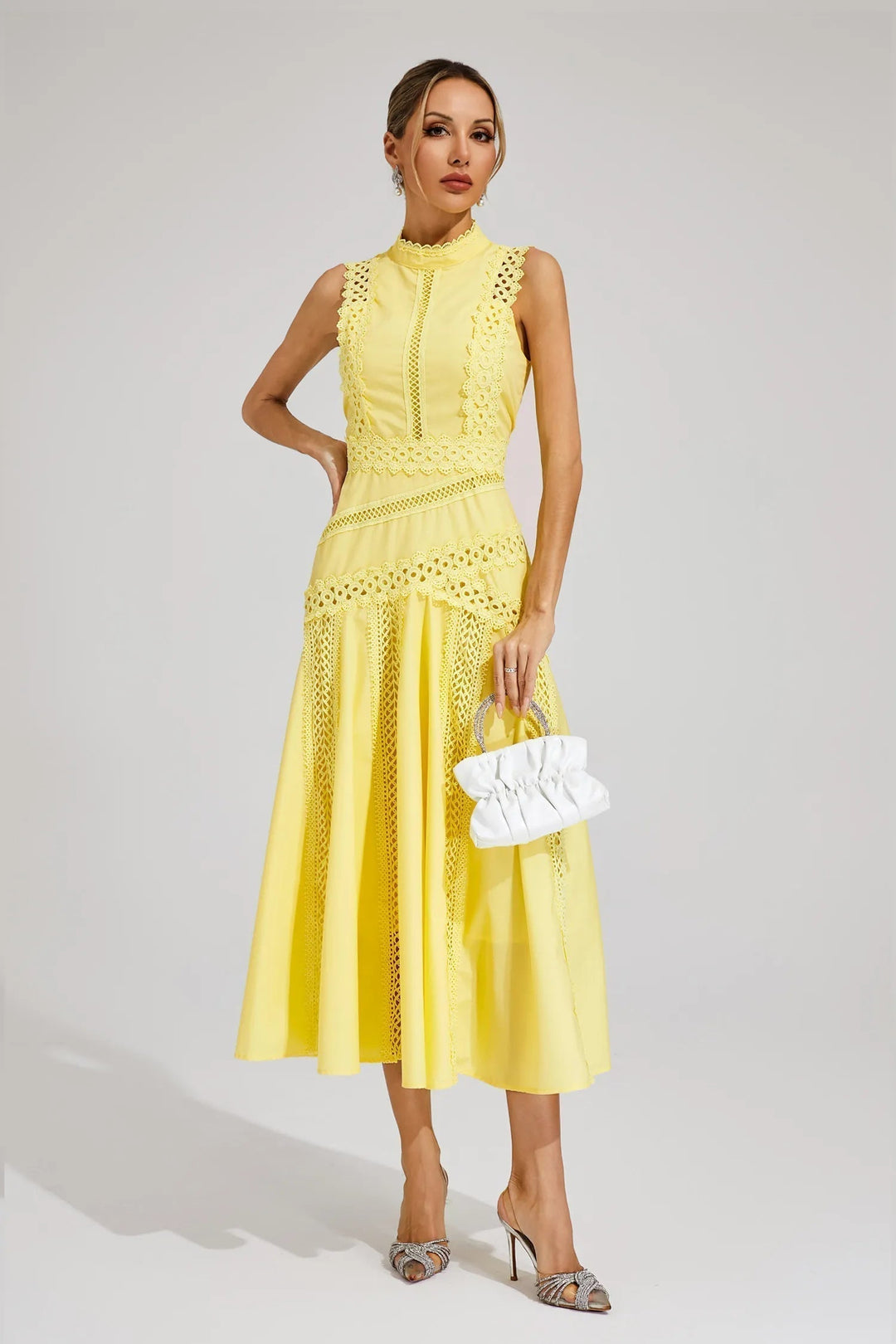 Mariah – High Neck Cutwork Midi Wedding Guest Dress