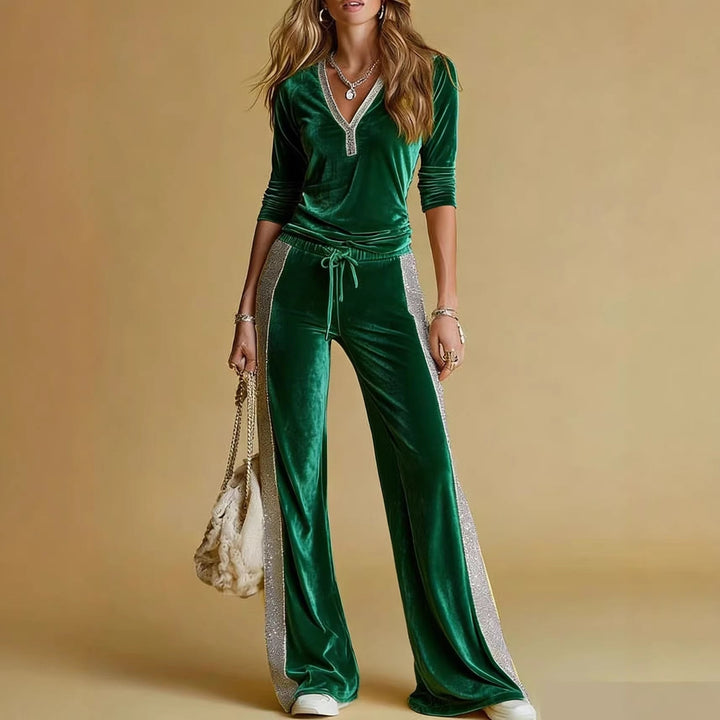 Clemence – Velvet-Look Sparkle-Trim V-Neck Set for Women