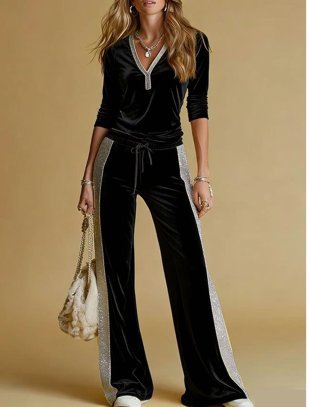 Clemence – Velvet-Look Sparkle-Trim V-Neck Set for Women