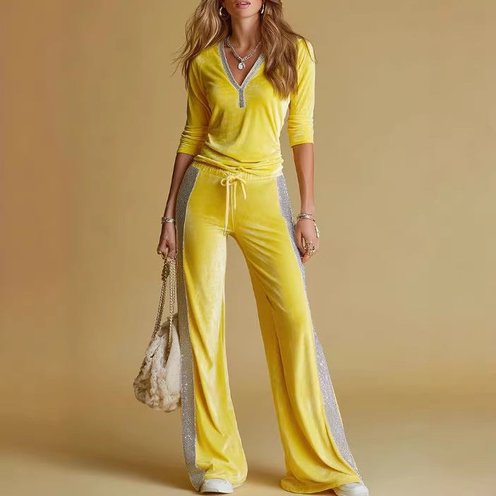 Clemence – Velvet-Look Sparkle-Trim V-Neck Set for Women