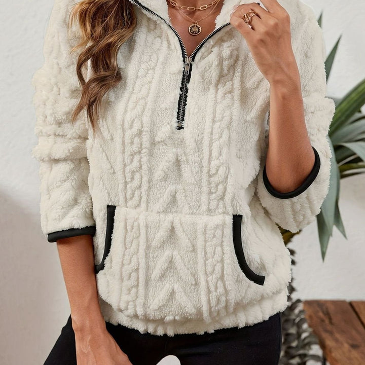 Women's Cozy Fleece Half-Zip Kangaroo Pocket Pullover Sweater - White