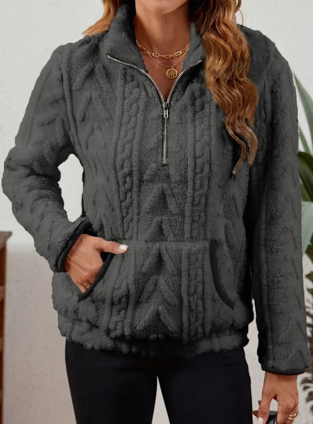 Women's Cozy Fleece Half-Zip Kangaroo Pocket Pullover Sweater