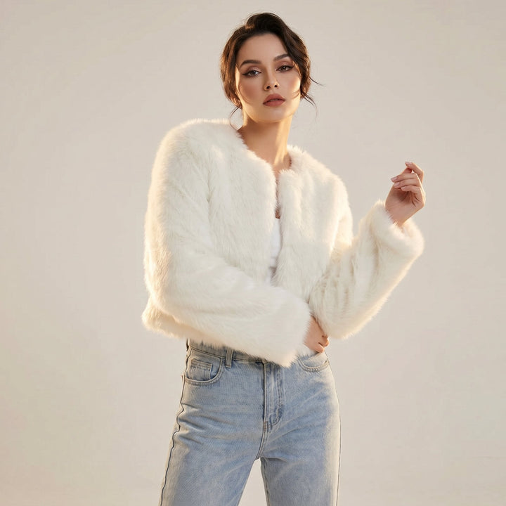 Women's Cropped Faux Fur Cardigan Jacket - White
