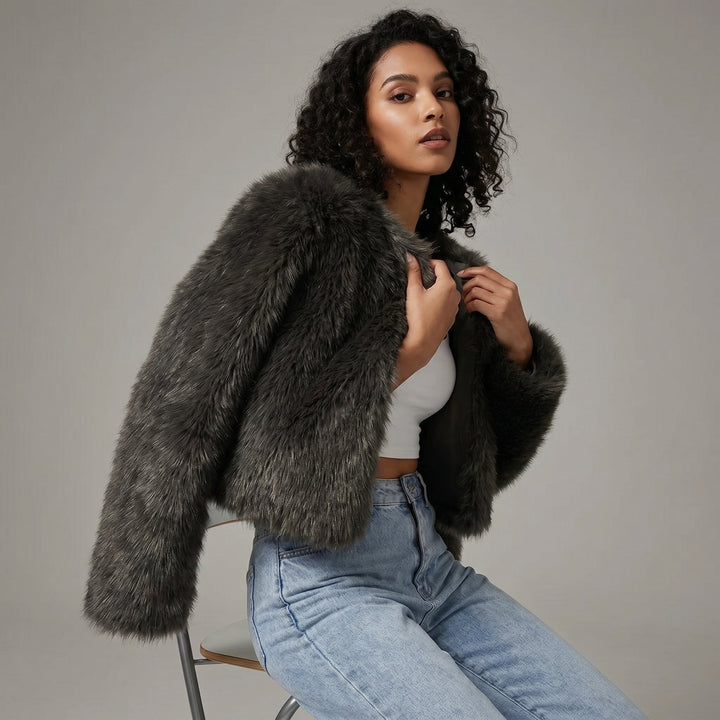 Women's Cropped Faux Fur Cardigan Jacket - Black
