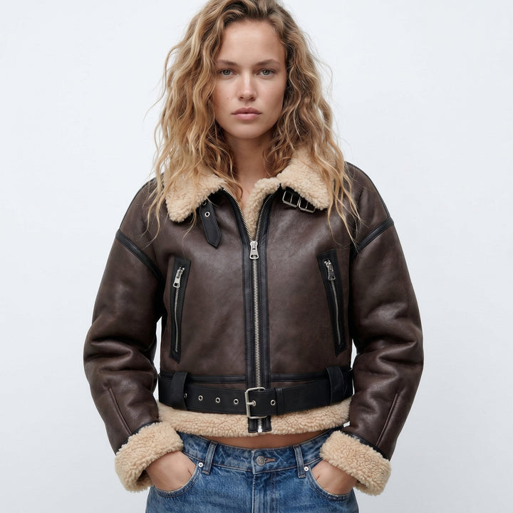 Women's Double-Sided Shearling Bomber Jacket - Brown
