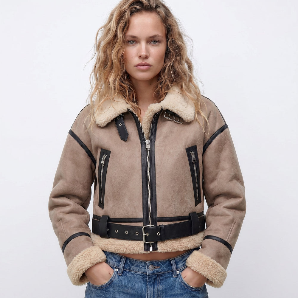 Women's Double-Sided Shearling Bomber Jacket - Khaki