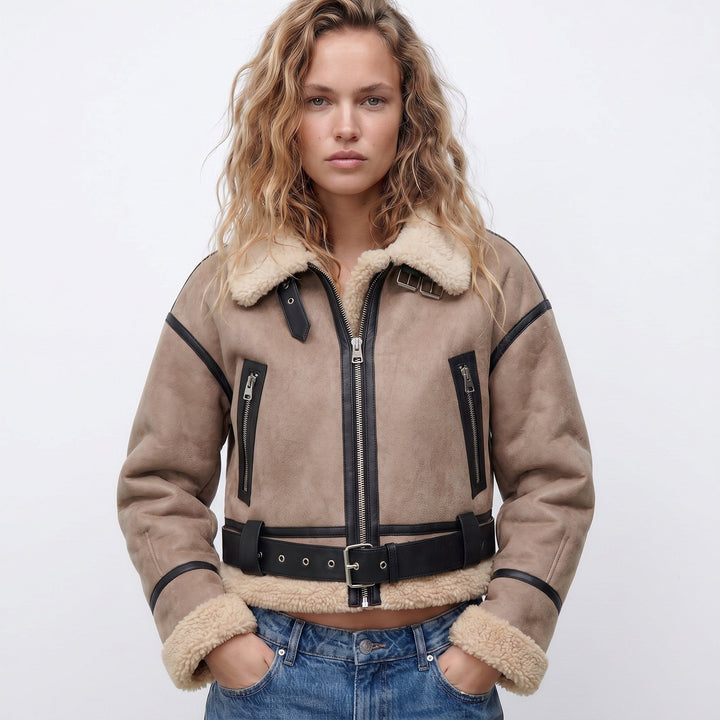 Women's Double-Sided Shearling Bomber Jacket - Khaki