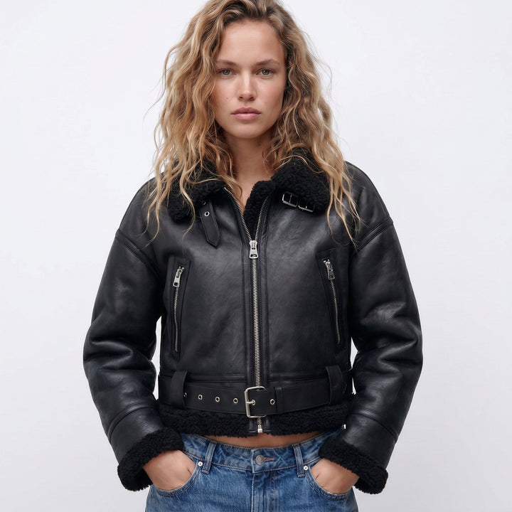 Women's Double-Sided Shearling Bomber Jacket - Black
