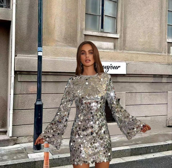 Women's Long Sleeve Sequin Mini Cocktail Dress - Silver