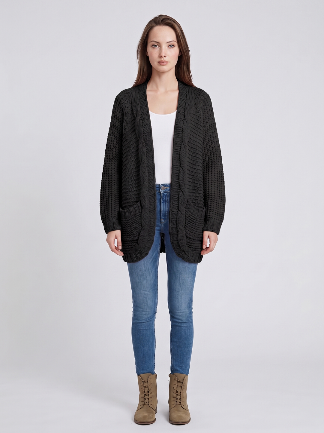 Alanis – Open-Front Cable-Stitch Cardigan for Women