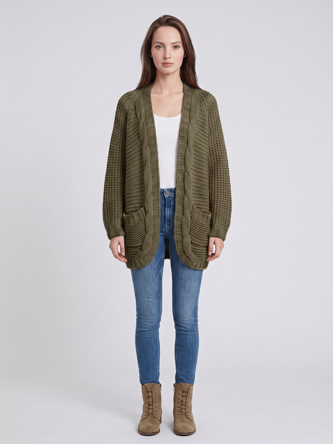 Alanis – Open-Front Cable-Stitch Cardigan for Women
