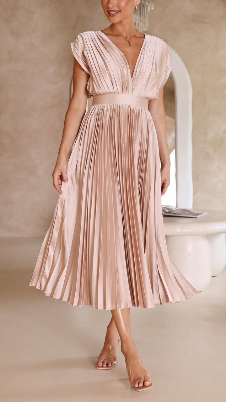 Eloise – Cap-Sleeve Pleated Midi Dress for Wedding Guests