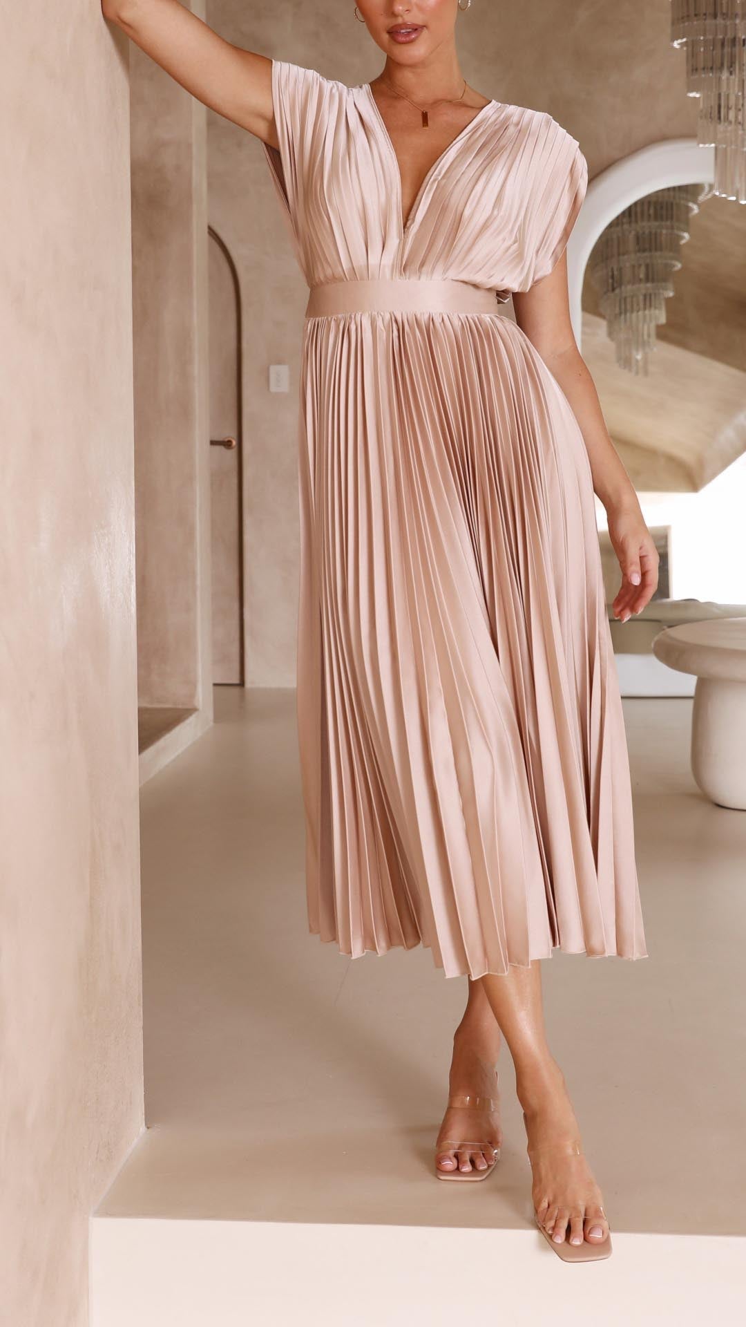 Eloise – Cap-Sleeve Pleated Midi Dress for Wedding Guests