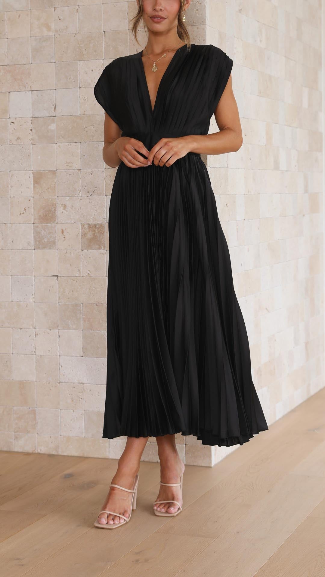 Eloise – Cap-Sleeve Pleated Midi Dress for Wedding Guests