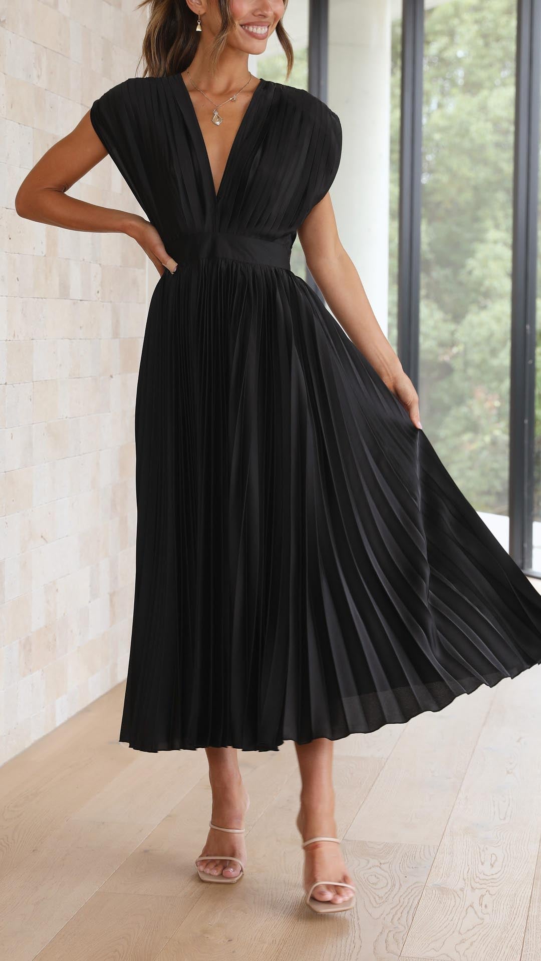 Eloise – Cap-Sleeve Pleated Midi Dress for Wedding Guests