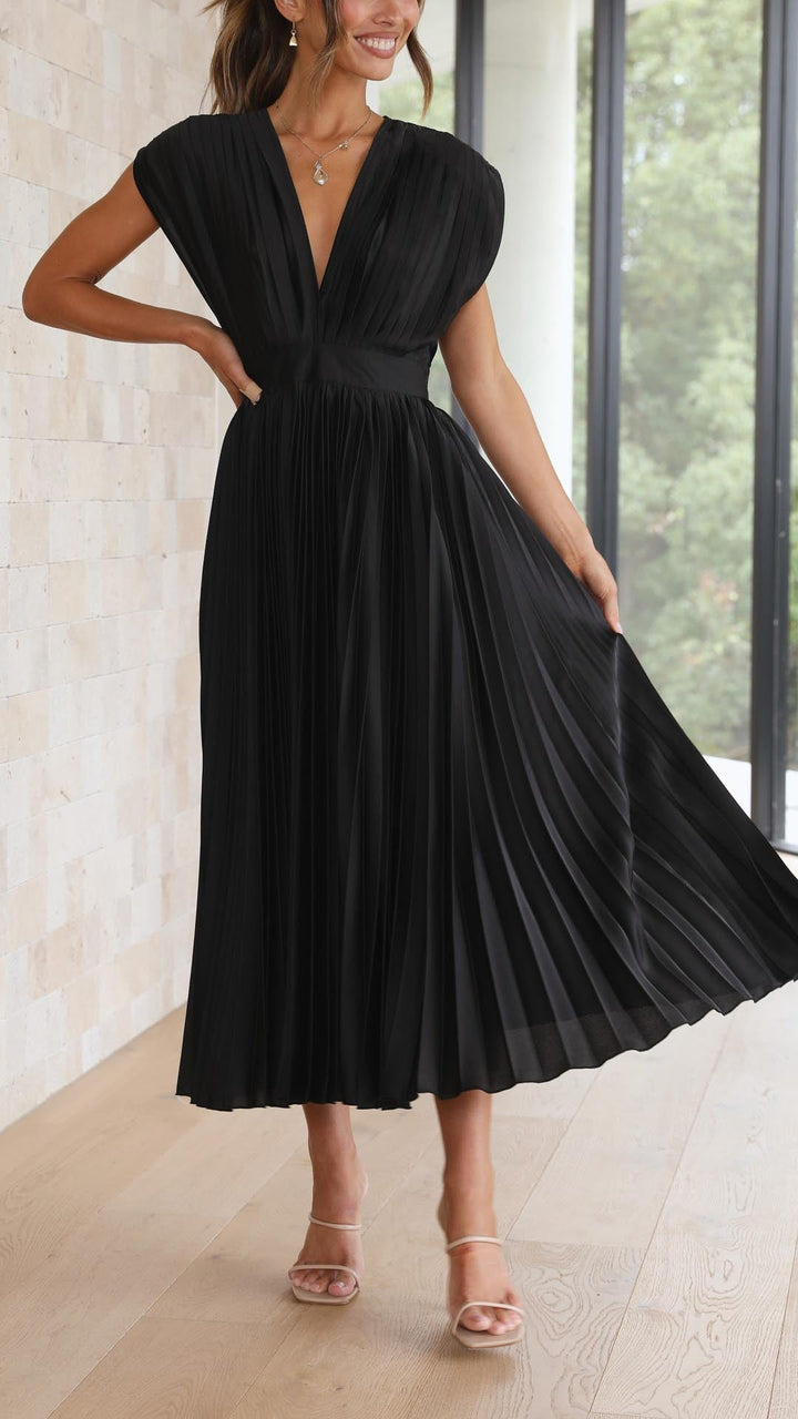 Eloise – Cap-Sleeve Pleated Midi Dress for Wedding Guests