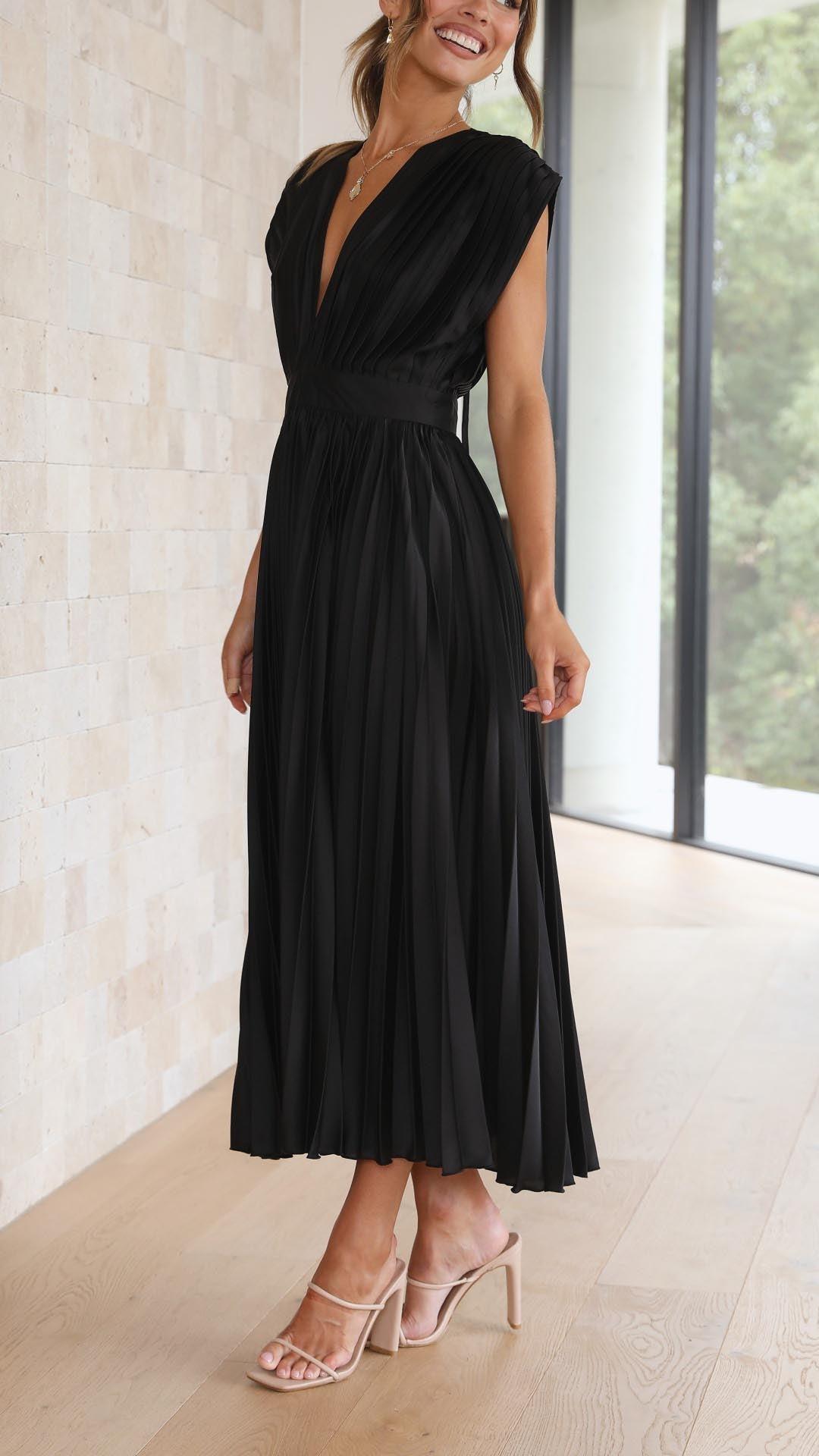Eloise – Cap-Sleeve Pleated Midi Dress for Wedding Guests
