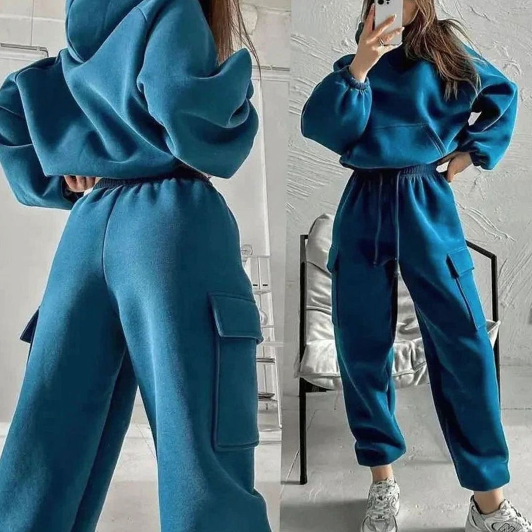 Women's Relaxed Cargo Pocket Hoodie Jogger Set - Blue