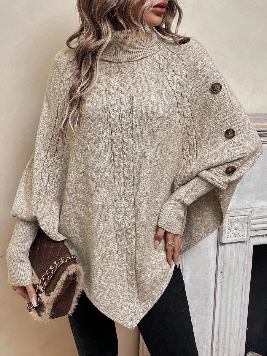 Elinor – Button-Trim Cable-Stitch Poncho for Women