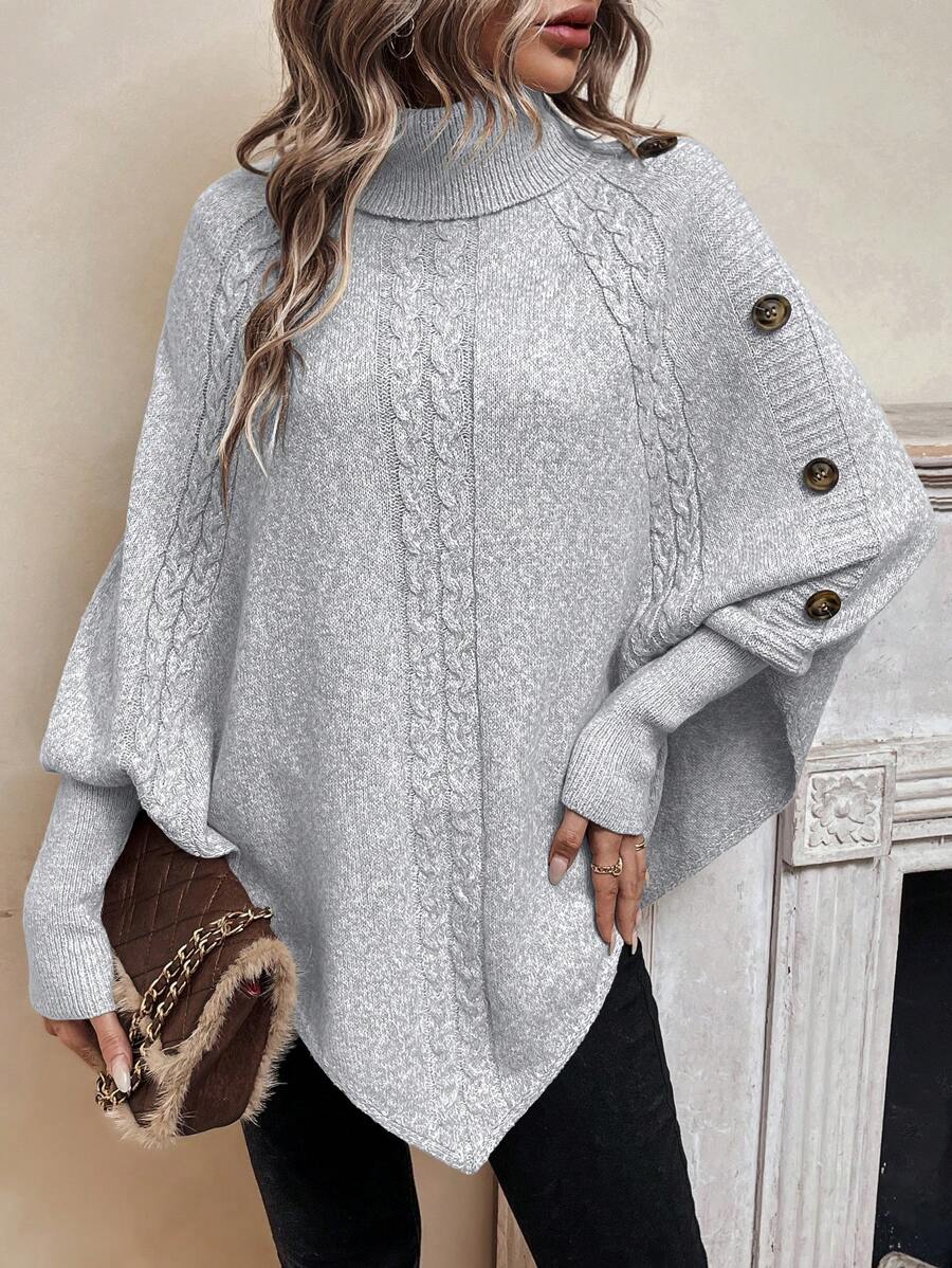 Elinor – Button-Trim Cable-Stitch Poncho for Women