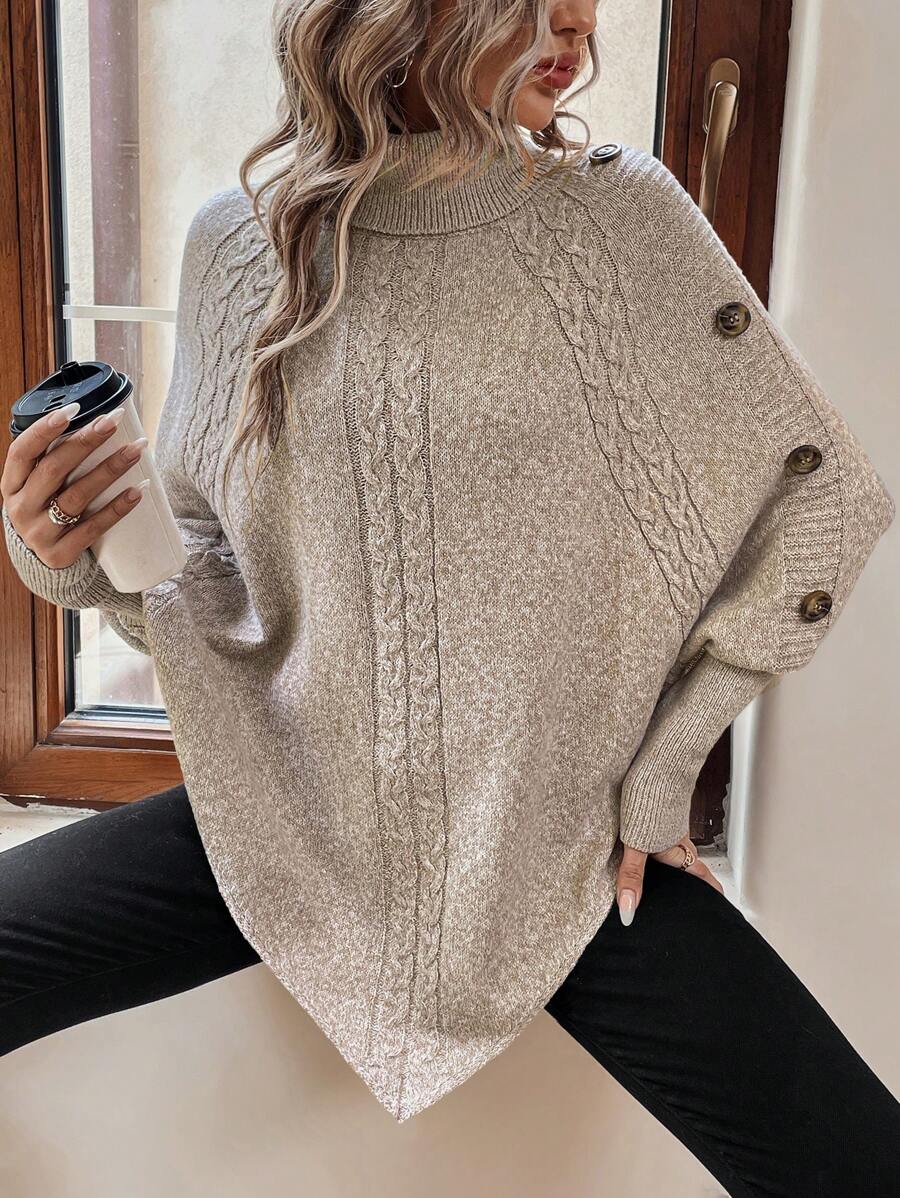 Elinor – Button-Trim Cable-Stitch Poncho for Women