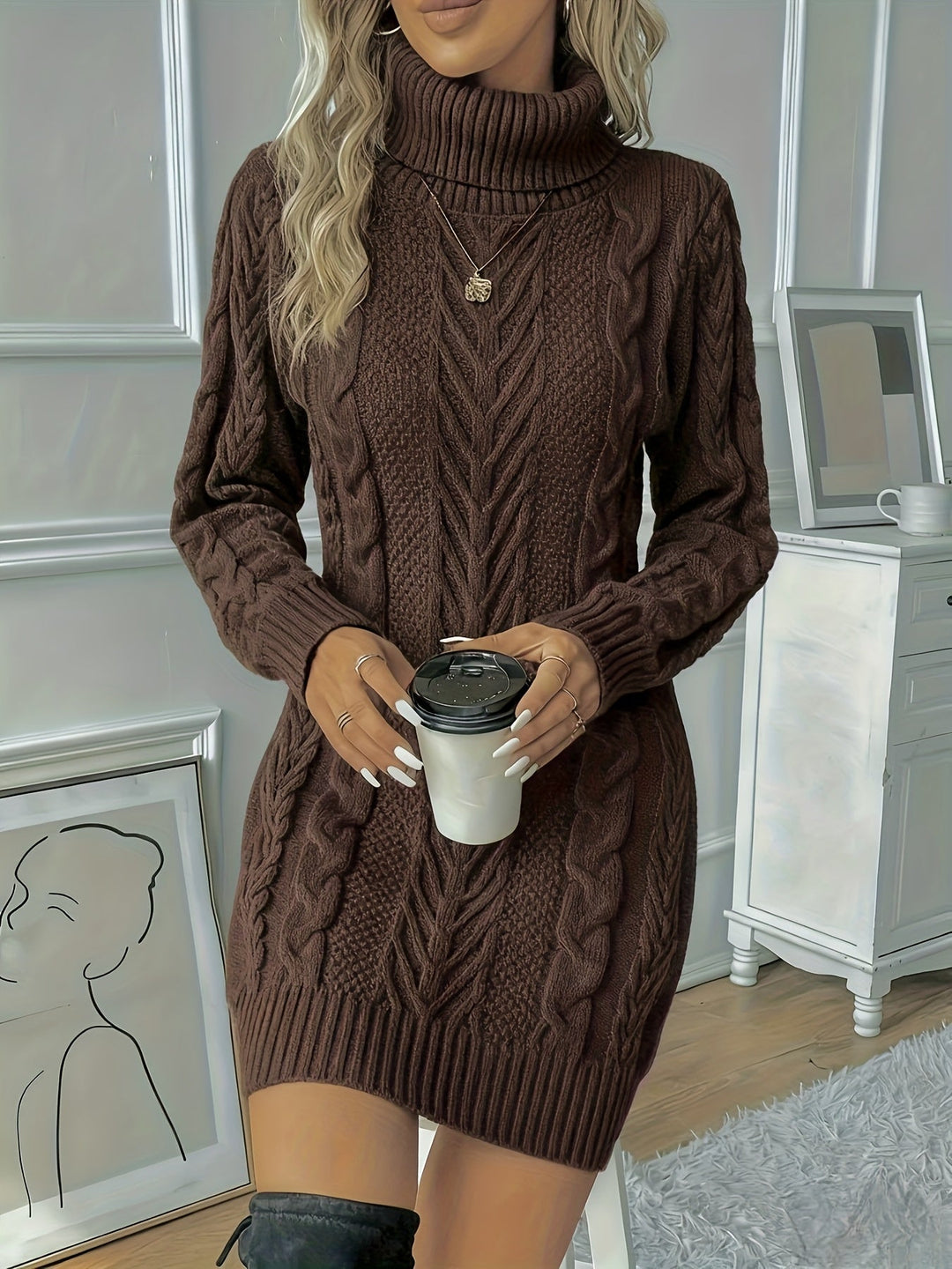 Maura – Turtleneck Cable-Stitch Mini Sweater Dress for Women