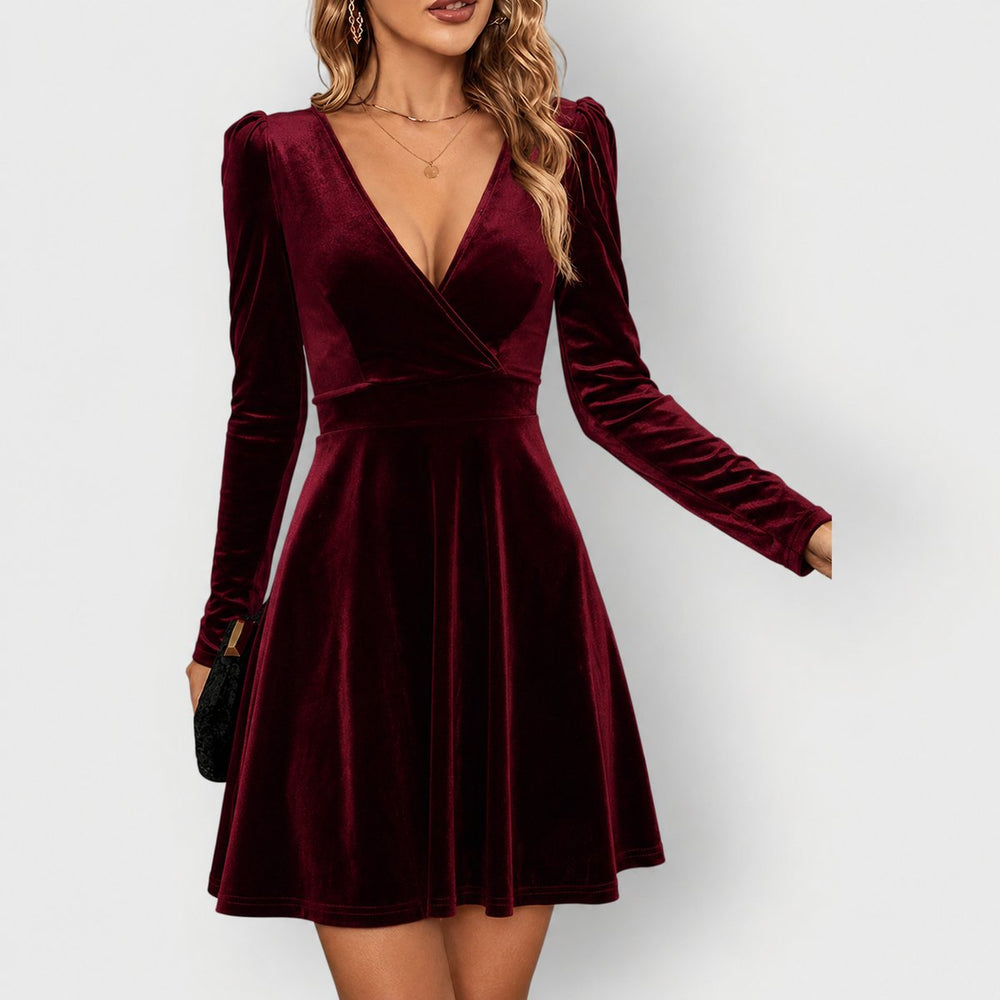 Women's Velvet Long-Sleeve V-Neck Skater Formal Dresses