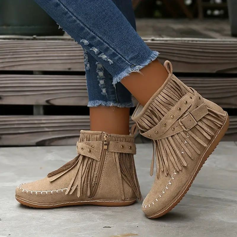 Frankie – Buckle Strap Fringe Ankle Boots for Women