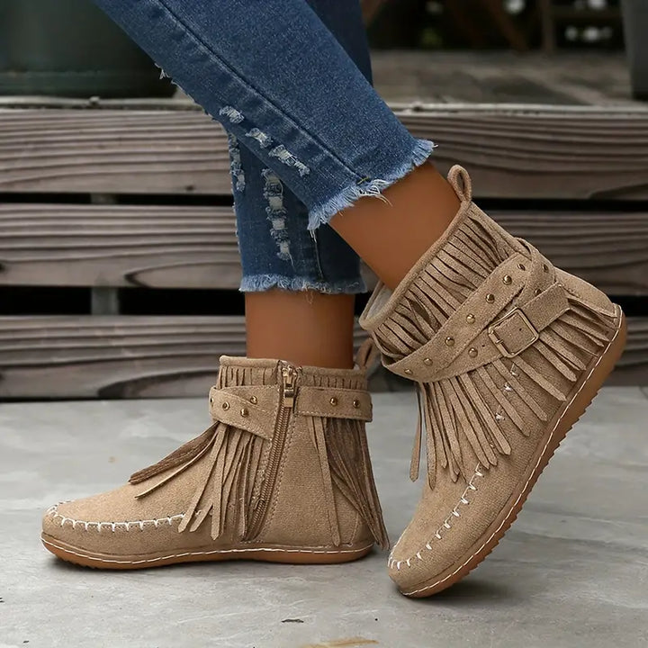 Frankie – Buckle Strap Fringe Ankle Boots for Women