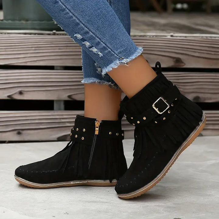 Frankie – Buckle Strap Fringe Ankle Boots for Women