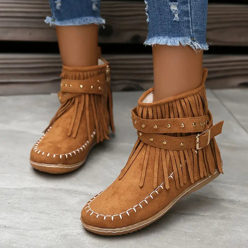 Frankie – Buckle Strap Fringe Ankle Boots for Women