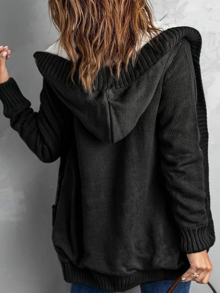 Zolvara | Women's Hooded Cable Knit Cardigan - Light Grey - Image 13